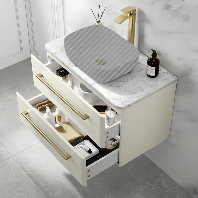 Omaha Linen White Wall Hung Drawer Vanity with Marble Top 800mm (Excludes Counter Top Basin) - Brushed Brass Accents