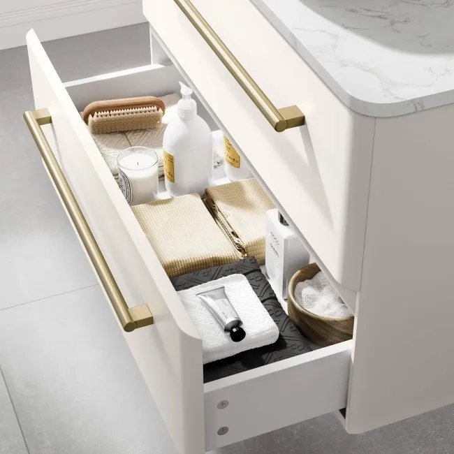 Omaha Linen White Wall Hung Drawer Vanity with Marble Top & Curved Counter Top Basin 800mm - Brushed Brass Accents