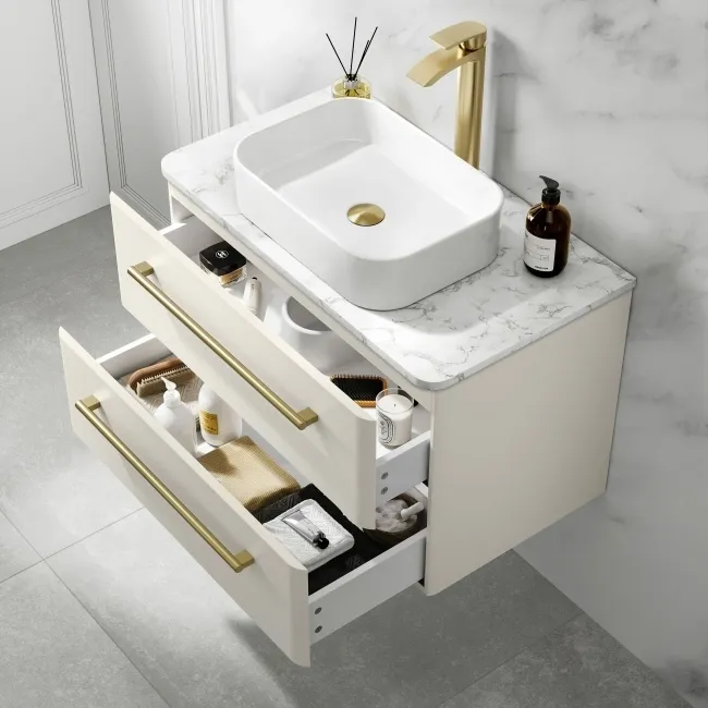 Omaha Linen White Wall Hung Drawer Vanity with Marble Top & Marin Basin 800mm - Brushed Brass Accents
