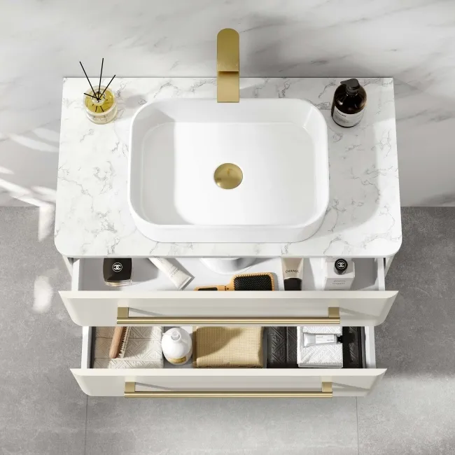Omaha Linen White Wall Hung Drawer Vanity with Marble Top & Marin Basin 800mm - Brushed Brass Accents