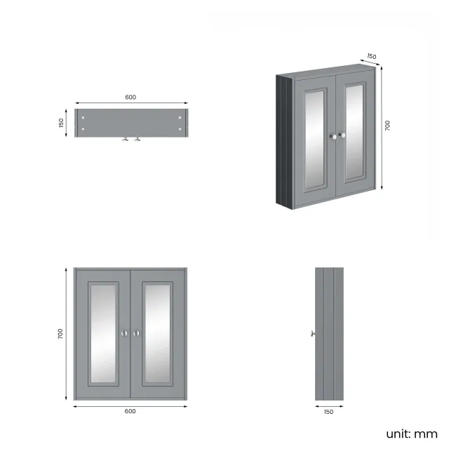 Dove Grey Wall Hung Mirror Cabinet 700x600mm