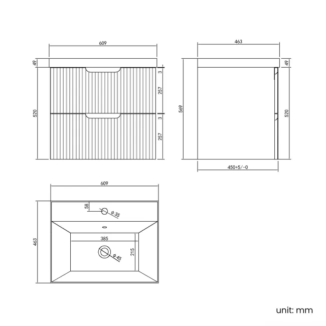 Crete Fluted Apex Oak Wall Hung Basin Drawer Vanity 600mm