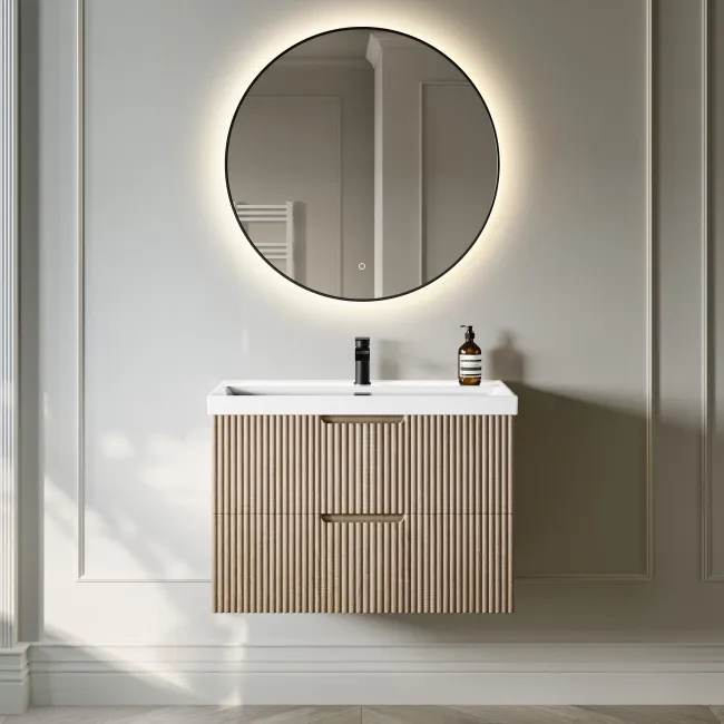 Crete Fluted Apex Oak Wall Hung Basin Drawer Vanity 800mm