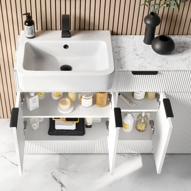 Sicily Fluted Coastal White Combination Vanity Basin with Marble Top 1500mm (Excludes Toilet) - Black Accents