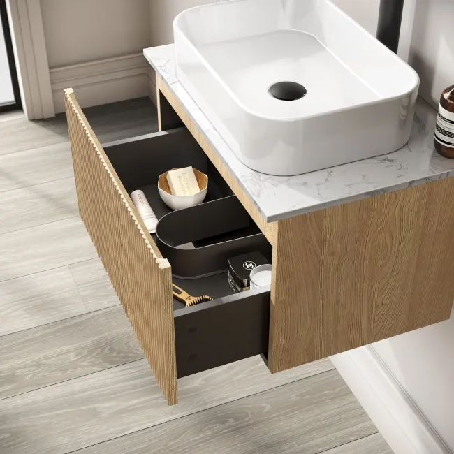 Malta Fluted Country Oak Wall Hung Drawer Vanity with Marble Top & Marin Basin 600mm