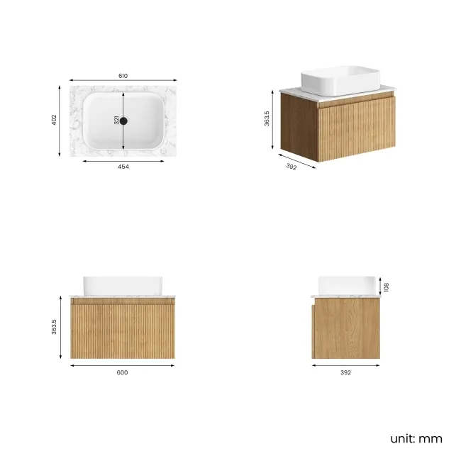 Malta Fluted Country Oak Wall Hung Drawer Vanity with Marble Top & Marin Basin 600mm