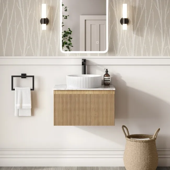 Malta Fluted Country Oak Wall Hung Drawer Vanity with Marble Top & Nevis Basin 600mm
