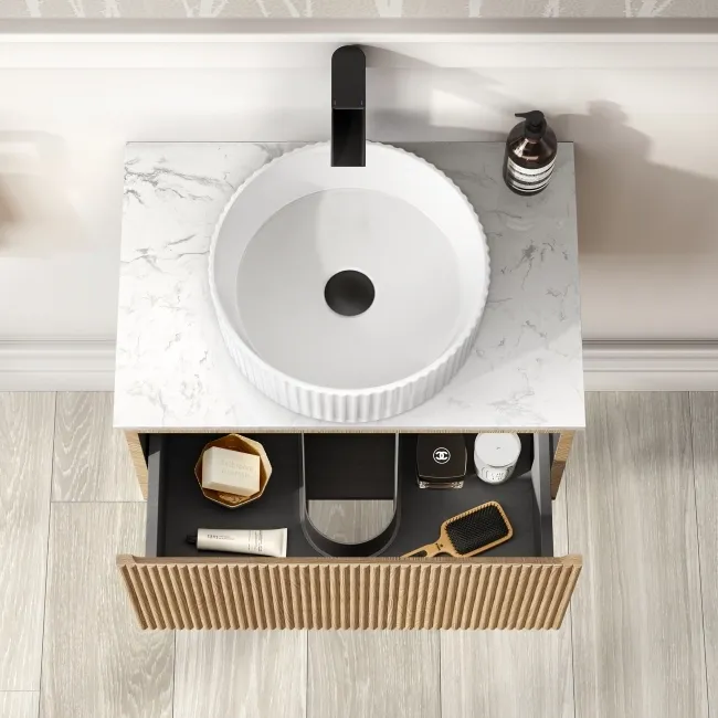 Malta Fluted Country Oak Wall Hung Drawer Vanity with Marble Top & Nevis Basin 600mm