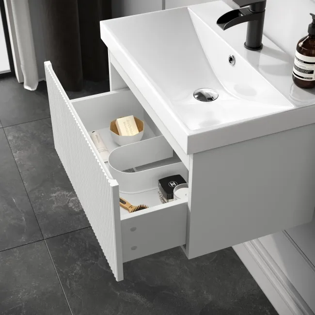 Malta Fluted Coastal White Wall Hung Basin Drawer Vanity 600mm