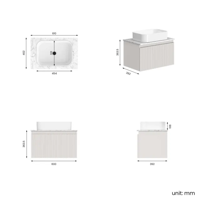 Malta Fluted Coastal White Wall Hung Drawer Vanity with Marble Top & Marin Basin 600mm