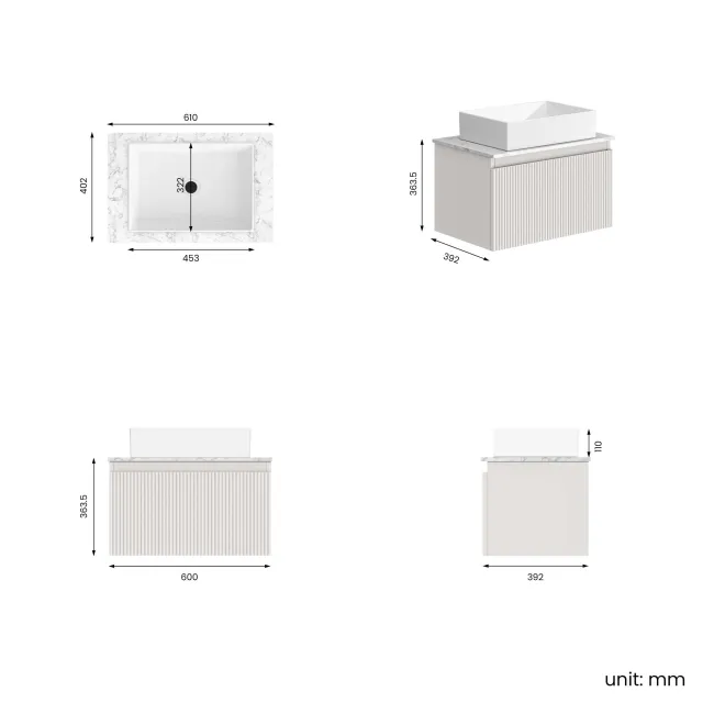 Malta Fluted Coastal White Wall Hung Drawer Vanity with Marble Top & Cody Basin 600mm