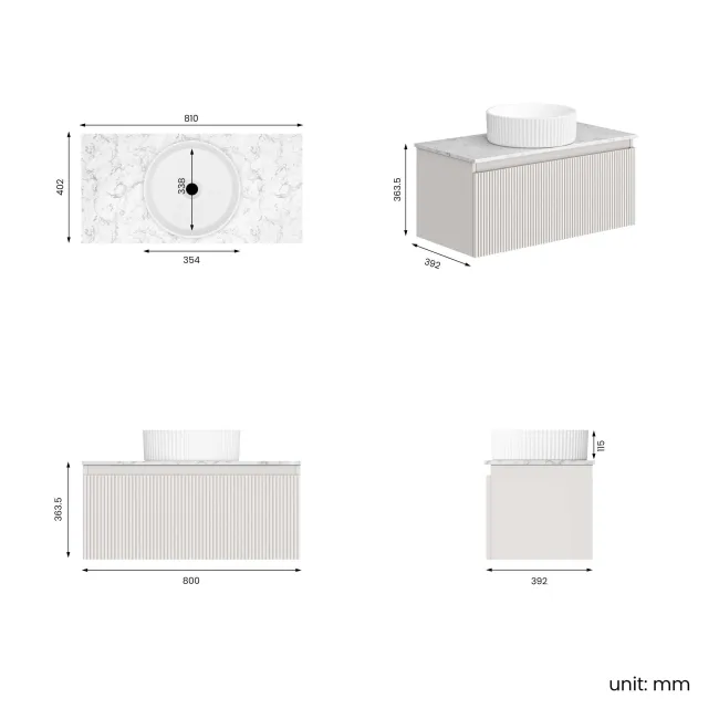 Malta Fluted Coastal White Wall Hung Drawer Vanity with Marble Top & Nevis Basin 800mm