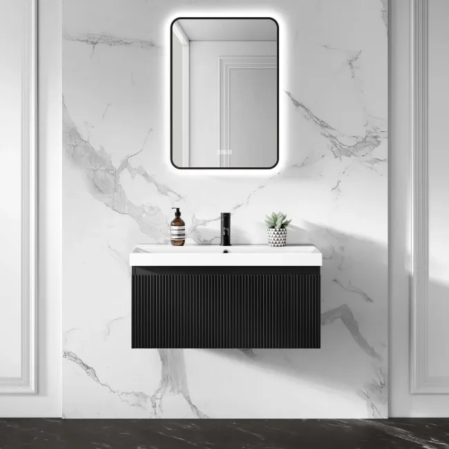 Malta Fluted Matt Black Wall Hung Basin Drawer Vanity 800mm