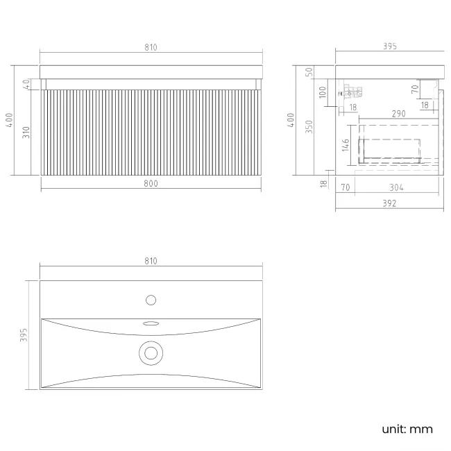 Malta Fluted Matt Black Wall Hung Basin Drawer Vanity 800mm