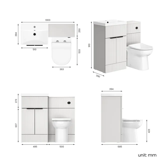 Havana Fluted Coastal White Combination Vanity Basin and Aruba Toilet 1000mm - Black Accents