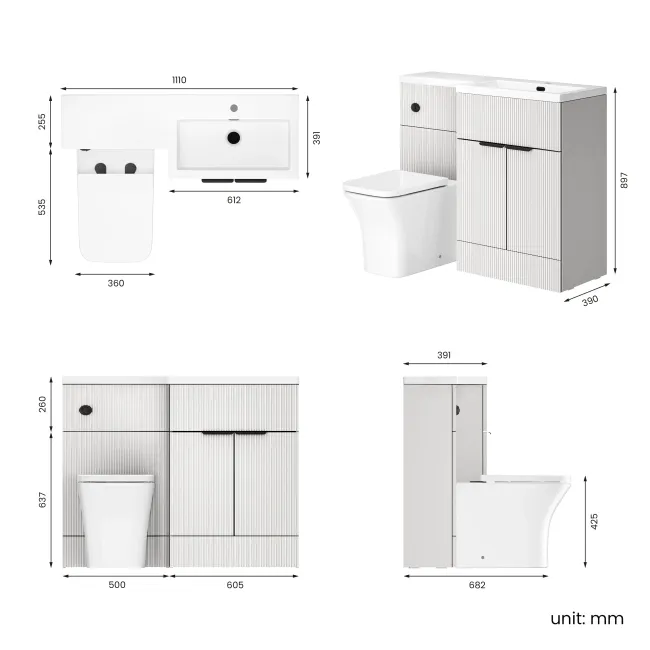 Havana Fluted Coastal White Combination Vanity Basin and Houston Toilet 1100mm - Black Accents - Right Handed
