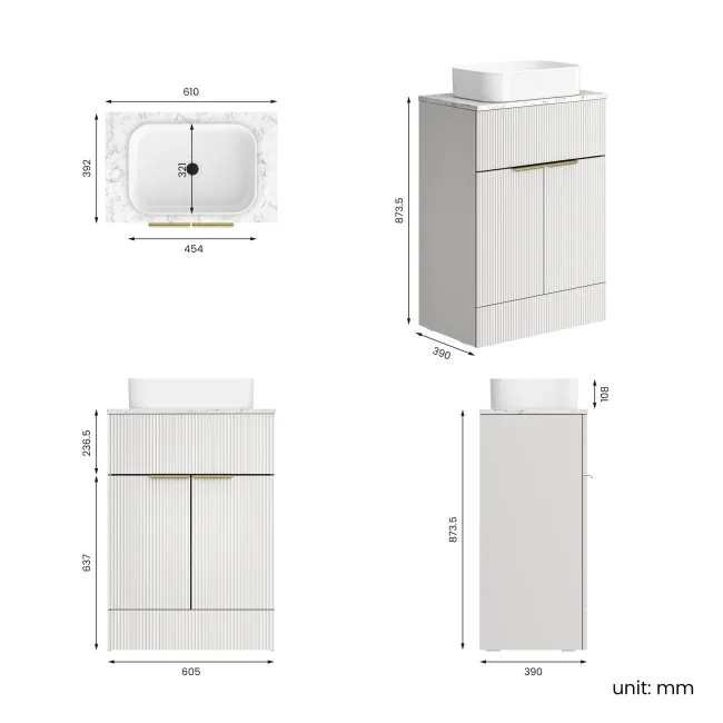 Havana Fluted Coastal White Cabinet with Marble Top & Marin Basin 600mm - Brushed Brass Accents