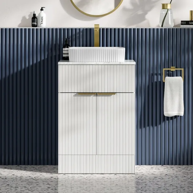 Havana Fluted Coastal White Cabinet with Marble Top & Reno Basin 600mm - Brushed Brass Accents