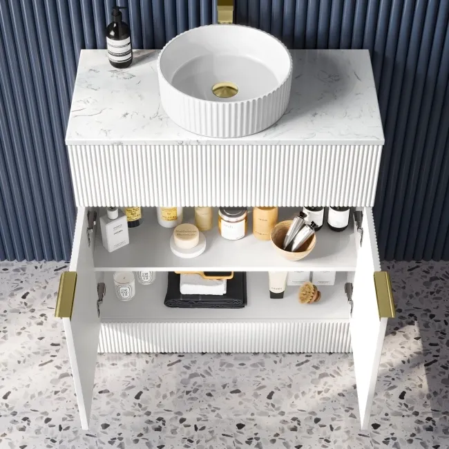Havana Fluted Coastal White Cabinet with Marble Top & Nevis Basin 800mm - Brushed Brass Accents