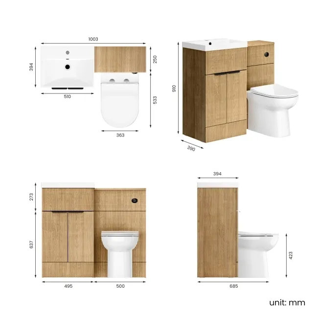 Havana Fluted Country Oak Combination Vanity Basin and Aruba Toilet 1000mm - Black Accents