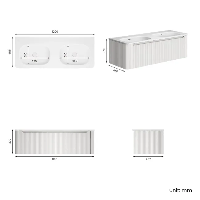 Sorrento Fluted Coastal White Wall Hung Drawer Vanity with Matt White Double Basin 1200mm