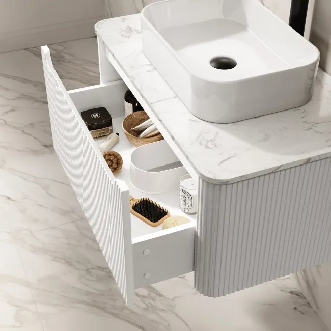 Sorrento Fluted Coastal White Wall Hung Drawer Vanity with Marble Top & Marin Basin 800mm