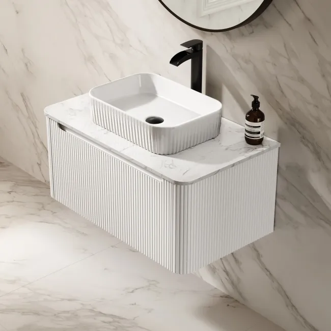 Sorrento Fluted Coastal White Wall Hung Drawer Vanity with Marble Top & Reno Basin 800mm