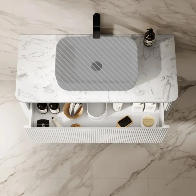 Sorrento Fluted Coastal White Wall Hung Drawer Vanity with Marble Top 1000mm - Excludes Counter Top Basin