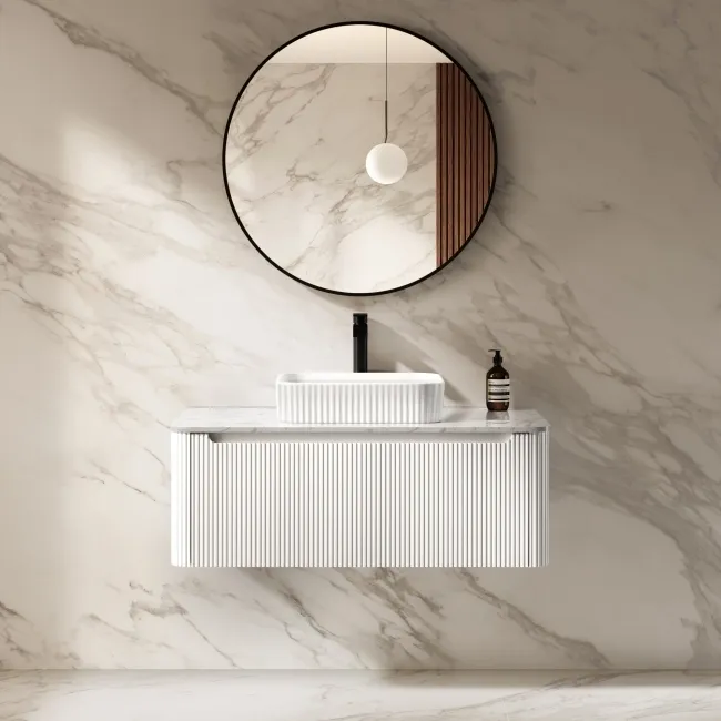 Sorrento Fluted Coastal White Wall Hung Drawer Vanity with Marble Top & Reno Basin 1000mm