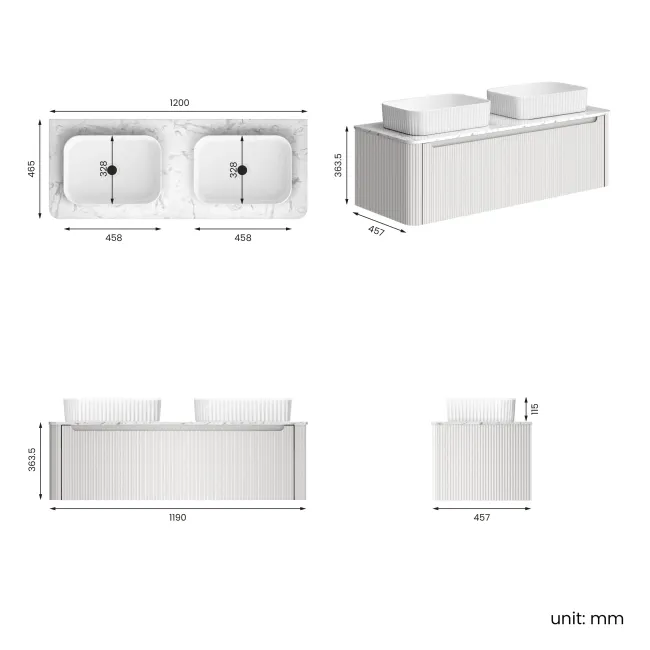 Sorrento Fluted Coastal White Double Wall Hung Drawer Vanity with Marble Top & Reno Basin 1200mm