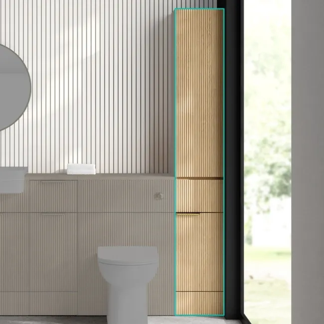 Sicily Fluted Country Oak Floor Standing Tall Cabinet Unit 1900x300mm - Brushed Brass Accents