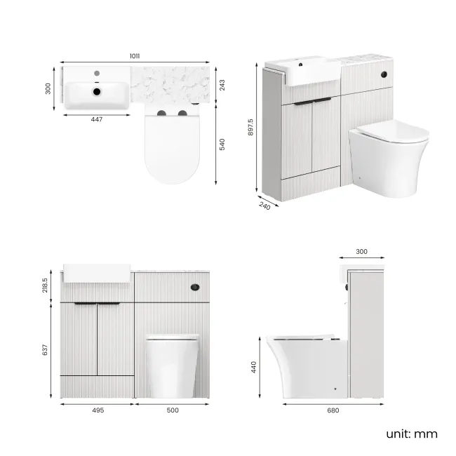 Sicily Fluted Coastal White Combination Vanity Basin with Marble Top & Tucson Toilet 1000mm - Black Accents