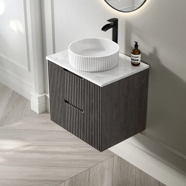 Crete Fluted Charcoal Elm Wall Hung Drawer Vanity with Marble Top & Nevis Basin 600mm