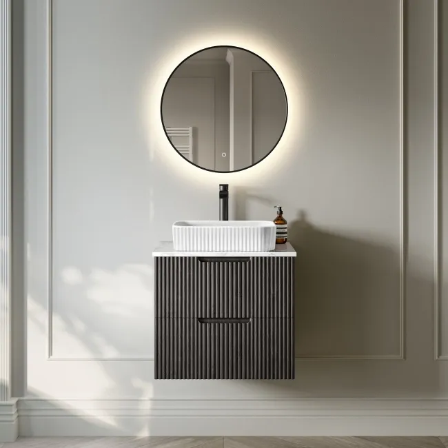 Crete Fluted Charcoal Elm Wall Hung Drawer Vanity with Marble Top & Reno Basin 600mm