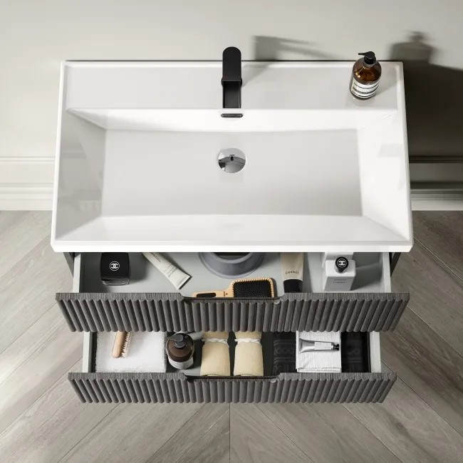 Crete Fluted Charcoal Elm Wall Hung Basin Drawer Vanity 800mm
