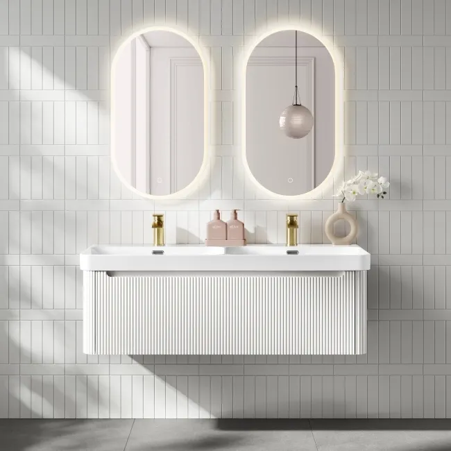 Sorrento Fluted Coastal White Wall Hung Double Basin Drawer Vanity 1200mm