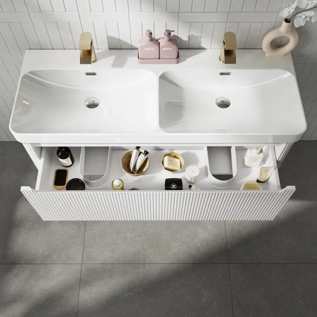 Sorrento Fluted Coastal White Wall Hung Double Basin Drawer Vanity 1200mm