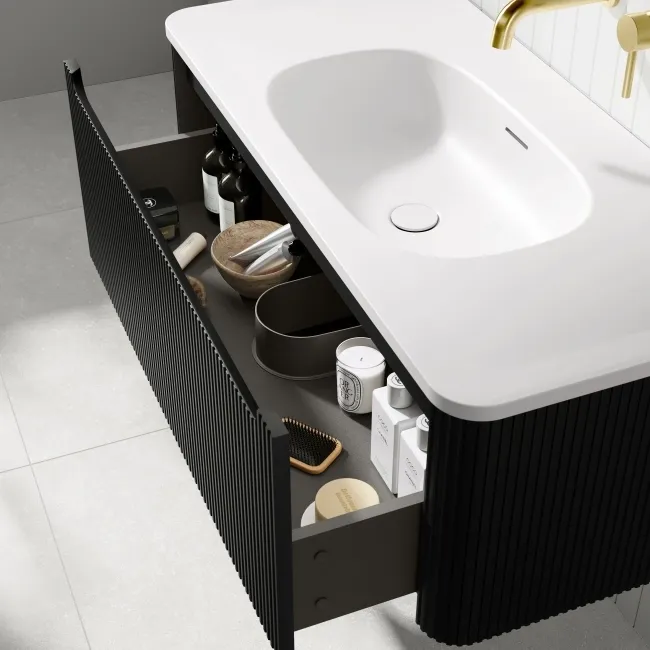 Sorrento Fluted Matt Black Wall Hung Drawer Vanity with Matt White Basin 1000mm