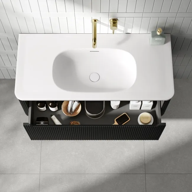 Sorrento Fluted Matt Black Wall Hung Drawer Vanity with Matt White Basin 1000mm