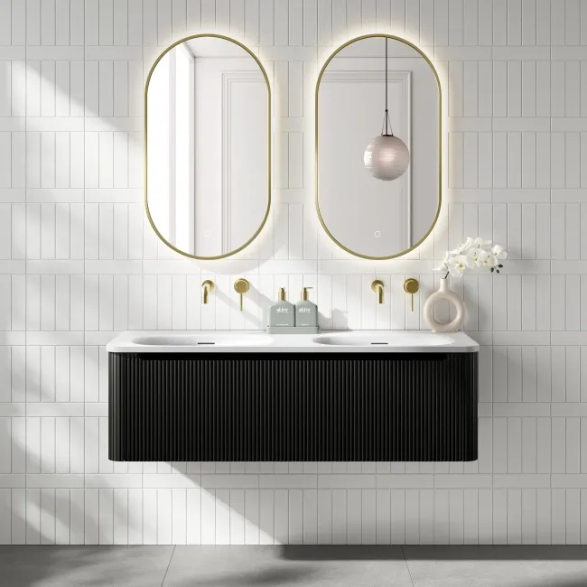 Sorrento Fluted Matt Black Wall Hung Drawer Vanity with Matt White Double Basin 1200mm