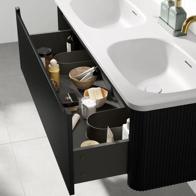 Sorrento Fluted Matt Black Wall Hung Drawer Vanity with Matt White Double Basin 1200mm