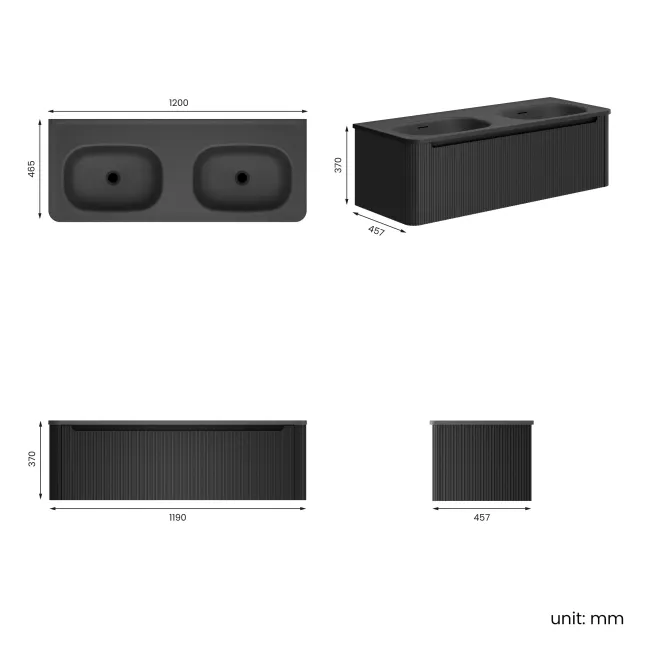 Sorrento Fluted Matt Black Wall Hung Drawer Vanity with Black Double Basin 1200mm