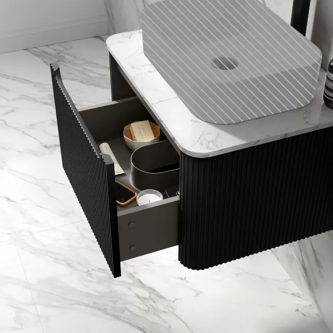Sorrento Fluted Matt Black Wall Hung Drawer Vanity with Marble Top 600mm - Excludes Counter Top Basin