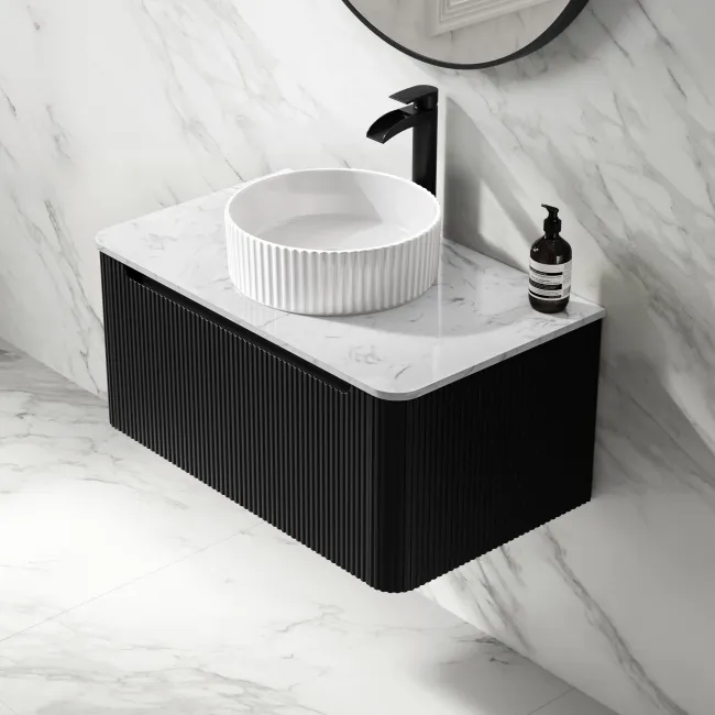 Sorrento Fluted Matt Black Wall Hung Drawer Vanity with Marble Top & Nevis Basin 800mm