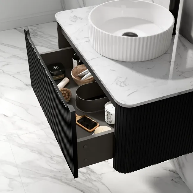 Sorrento Fluted Matt Black Wall Hung Drawer Vanity with Marble Top & Nevis Basin 800mm