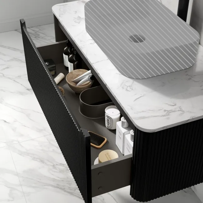 Sorrento Fluted Matt Black Wall Hung Drawer Vanity with Marble Top 1000mm - Excludes Counter Top Basin