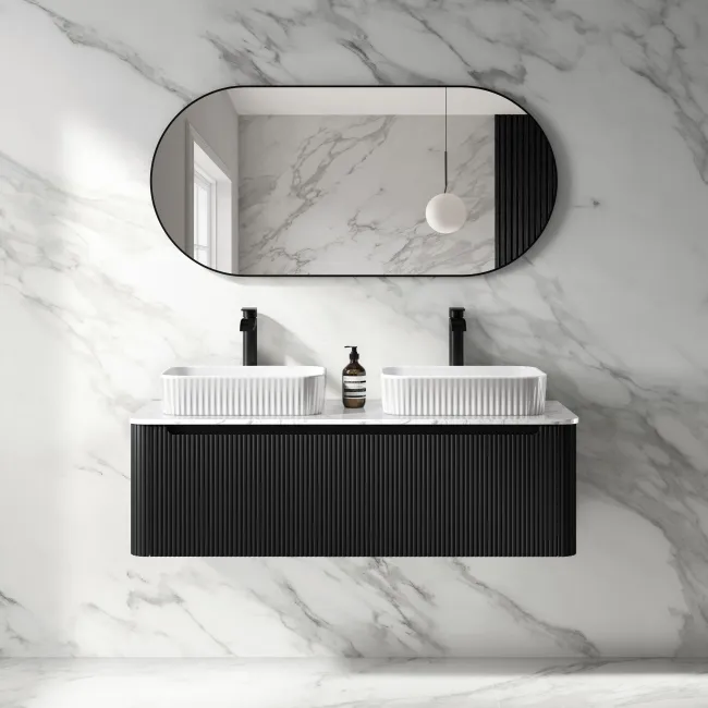 Sorrento Fluted Matt Black Double Wall Hung Drawer Vanity with Marble Top & Reno Basin 1200mm