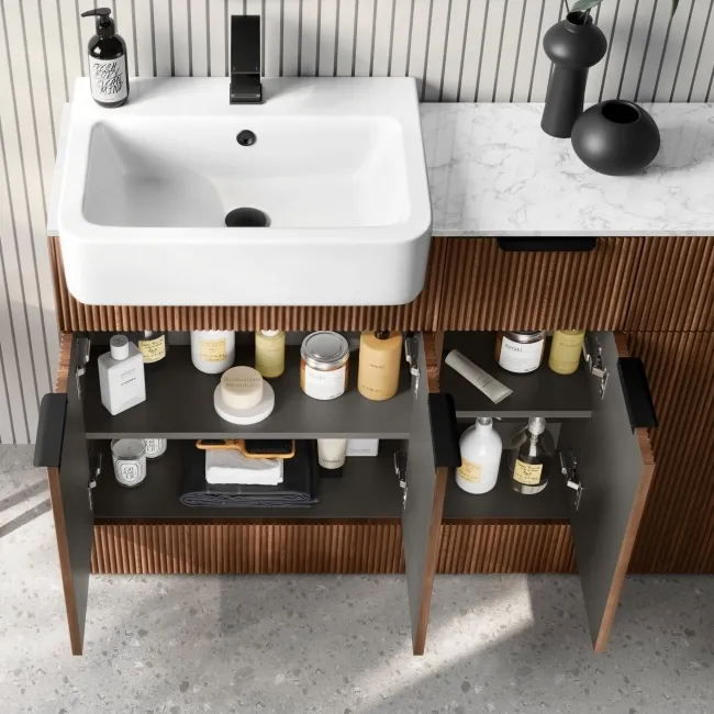 Sicily Fluted Black Walnut Combination Vanity Basin with Marble Top & Tucson Toilet 1500mm - Black Accents