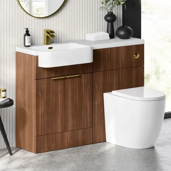Sicily Fluted Black Walnut Combination Vanity Basin and Utah Comfort Height Toilet 1200mm - Brushed Brass Accents - Left Handed