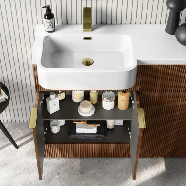 Sicily Fluted Black Walnut Combination Vanity Basin and Utah Comfort Height Toilet 1200mm - Brushed Brass Accents - Left Handed